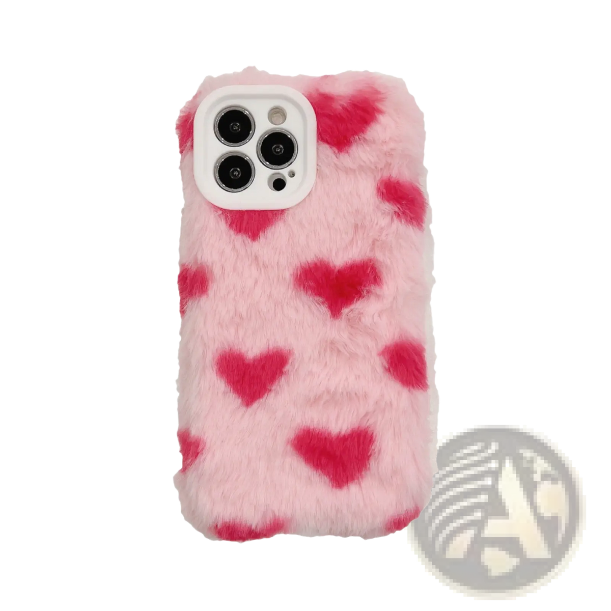 Pink faux fur iphone case with red heart patterns showing the back side of the plush heart fuzzy cover