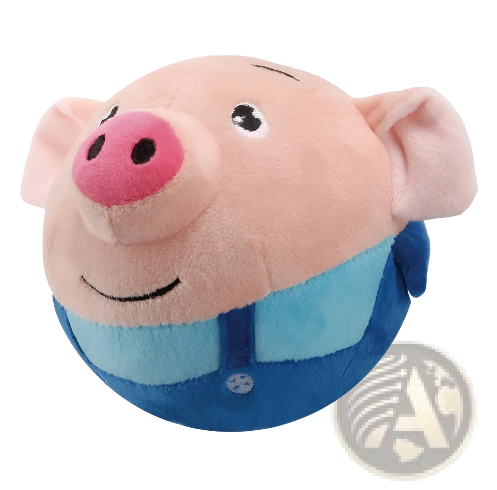 Plush jumping ball interactive talking bunny toy in pink plush with blue outfit and embroidered facial features