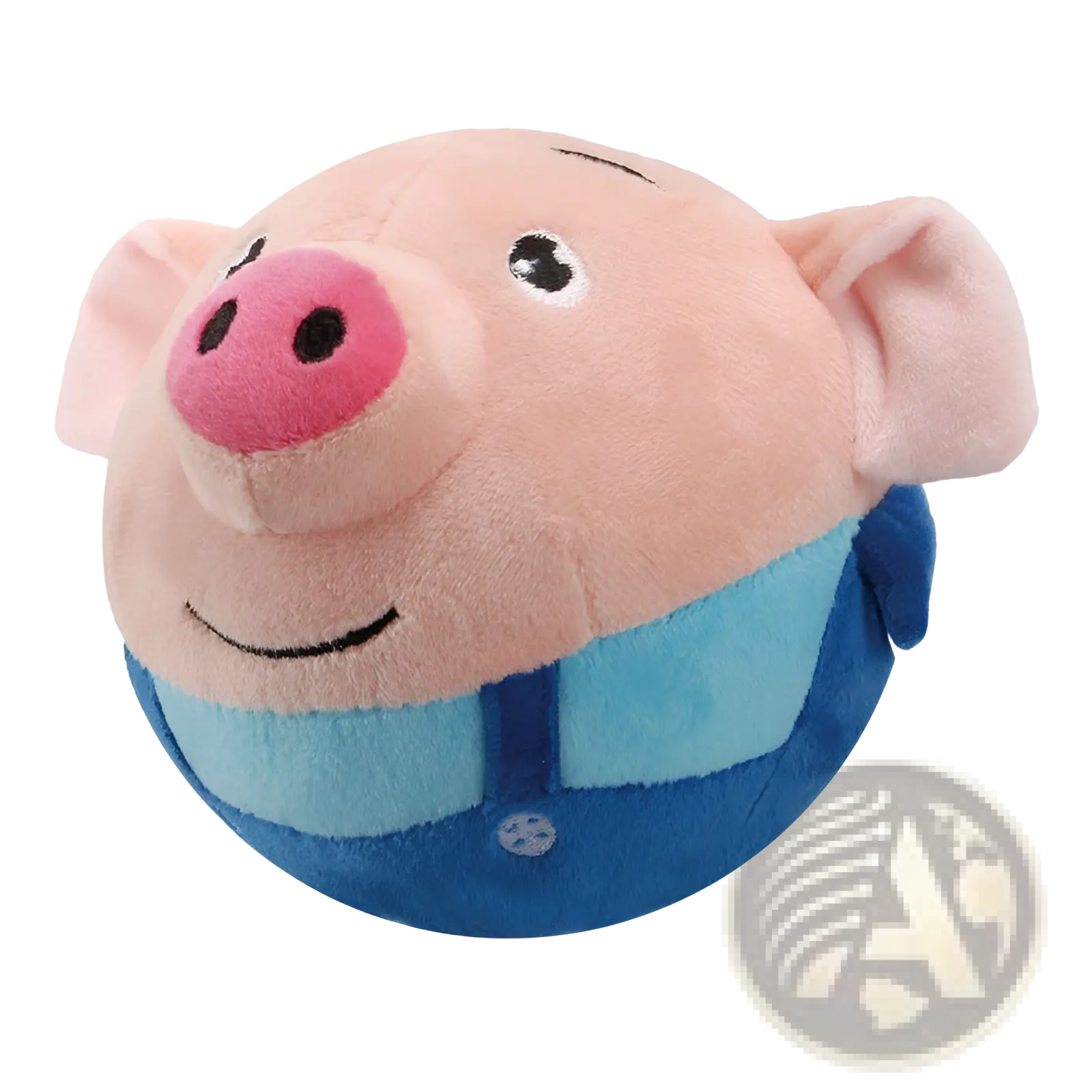 A plush jumping ball interactive talking bunny toy with pink fur bright pink snout and blue overalls