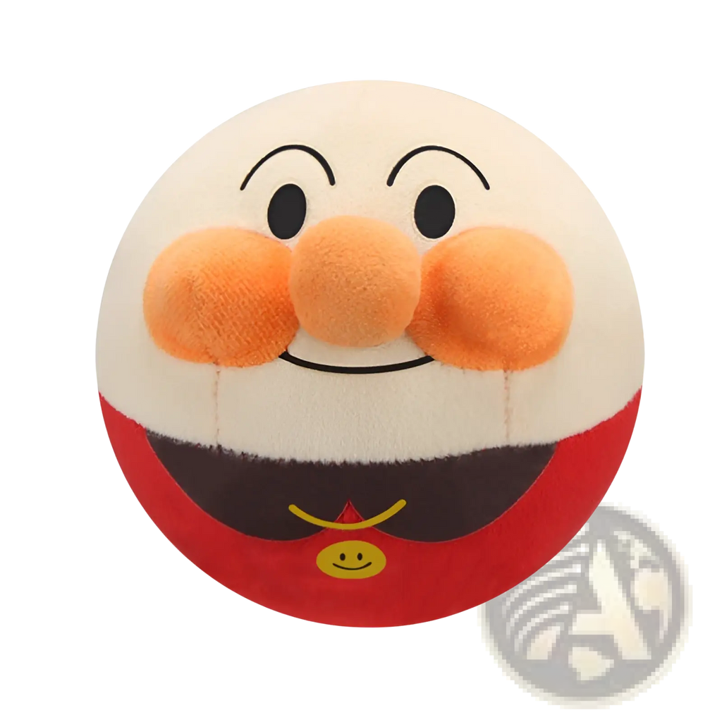 Cream-colored round plush jumping ball toy with orange nose and cheeks and red lower half featuring yellow smiley face