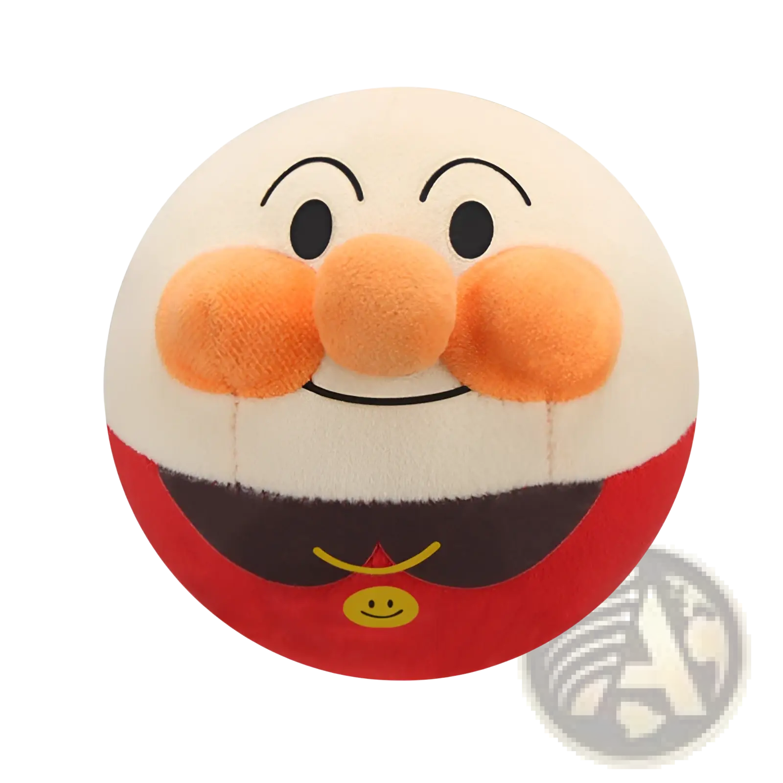 Cream-colored round plush jumping ball toy with orange nose and cheeks and red lower half featuring yellow smiley face