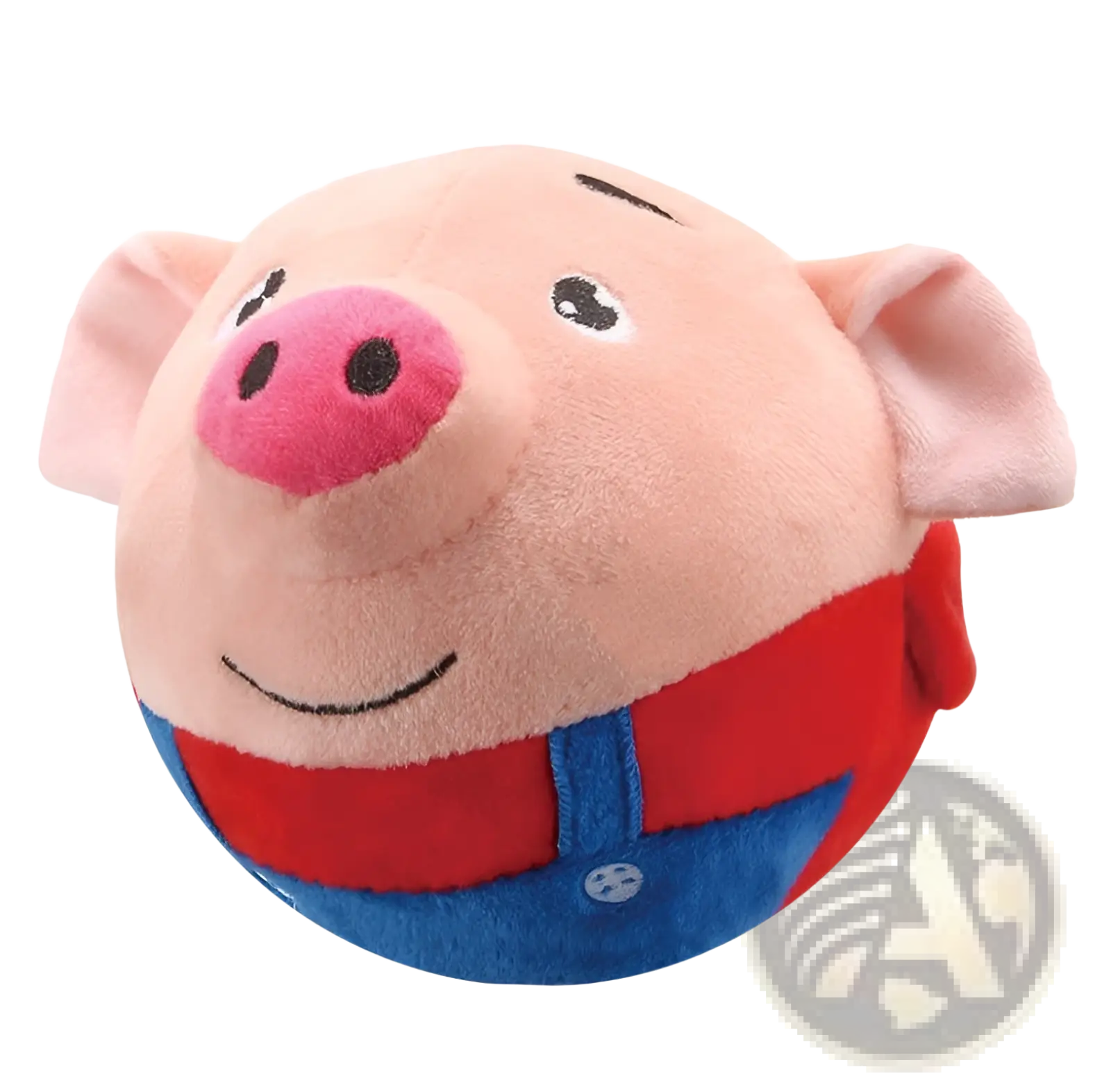 Pink plush pig toy wearing a red and blue outfit featured in a plush jumping ball interactive talking bunny toy product