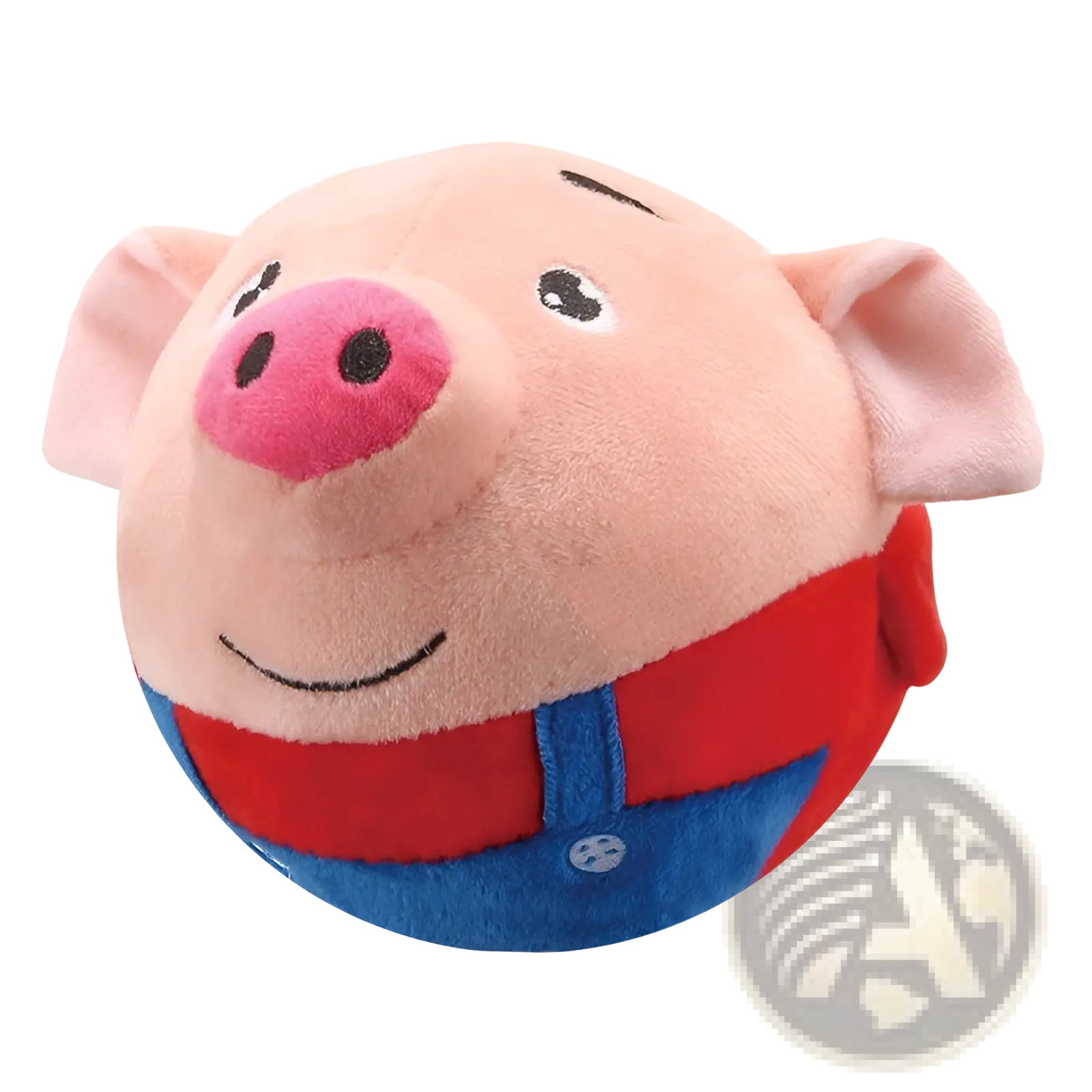 Pink plush pig toy wearing red and blue outfit featured in plush jumping ball interactive talking bunny toy product