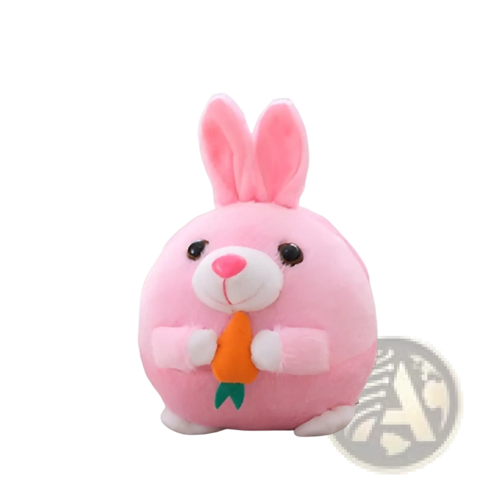 Pink plush jumping ball interactive talking bunny toy with soft fur black button eyes white nose paws holding carrot