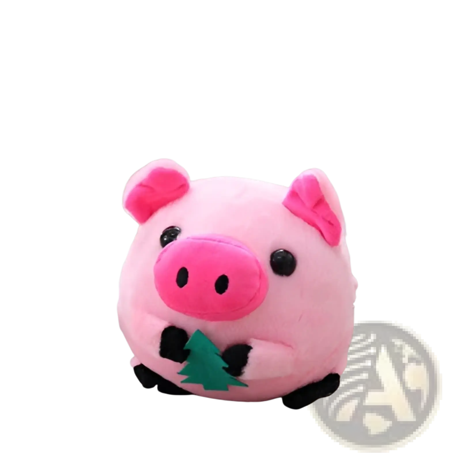 Pink plush pig toy with black eyes holding a green Christmas tree cutout featured with plush jumping ball interactive talking bunny toy