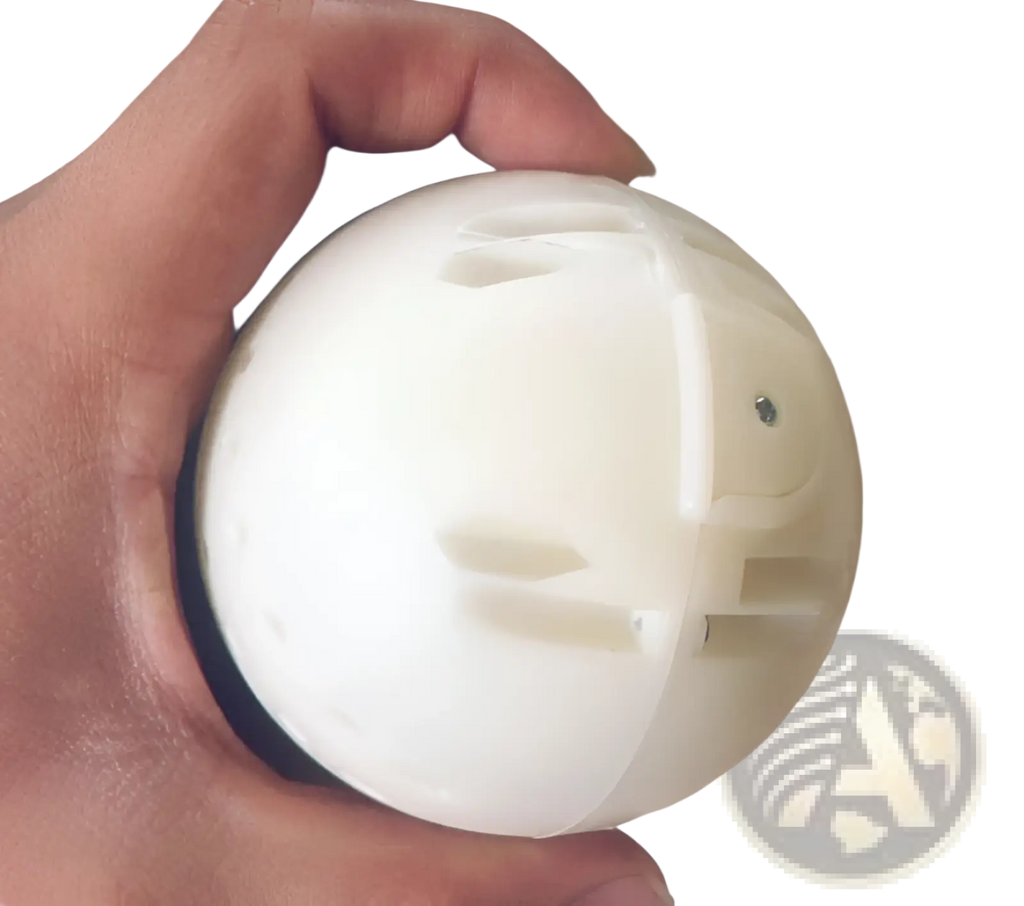 White plastic spherical plush jumping ball toy with molded facial features and metallic eye detail interactive bunny