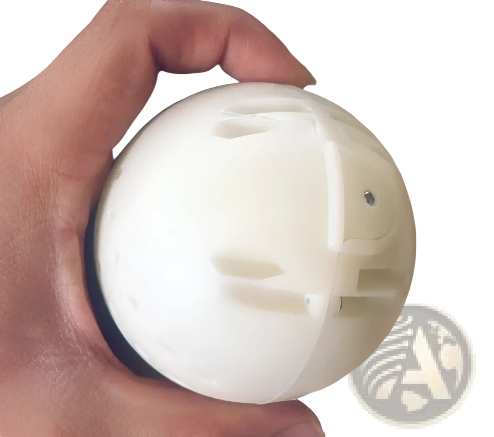 White plastic spherical plush jumping ball toy with molded facial features and metallic eye detail interactive bunny