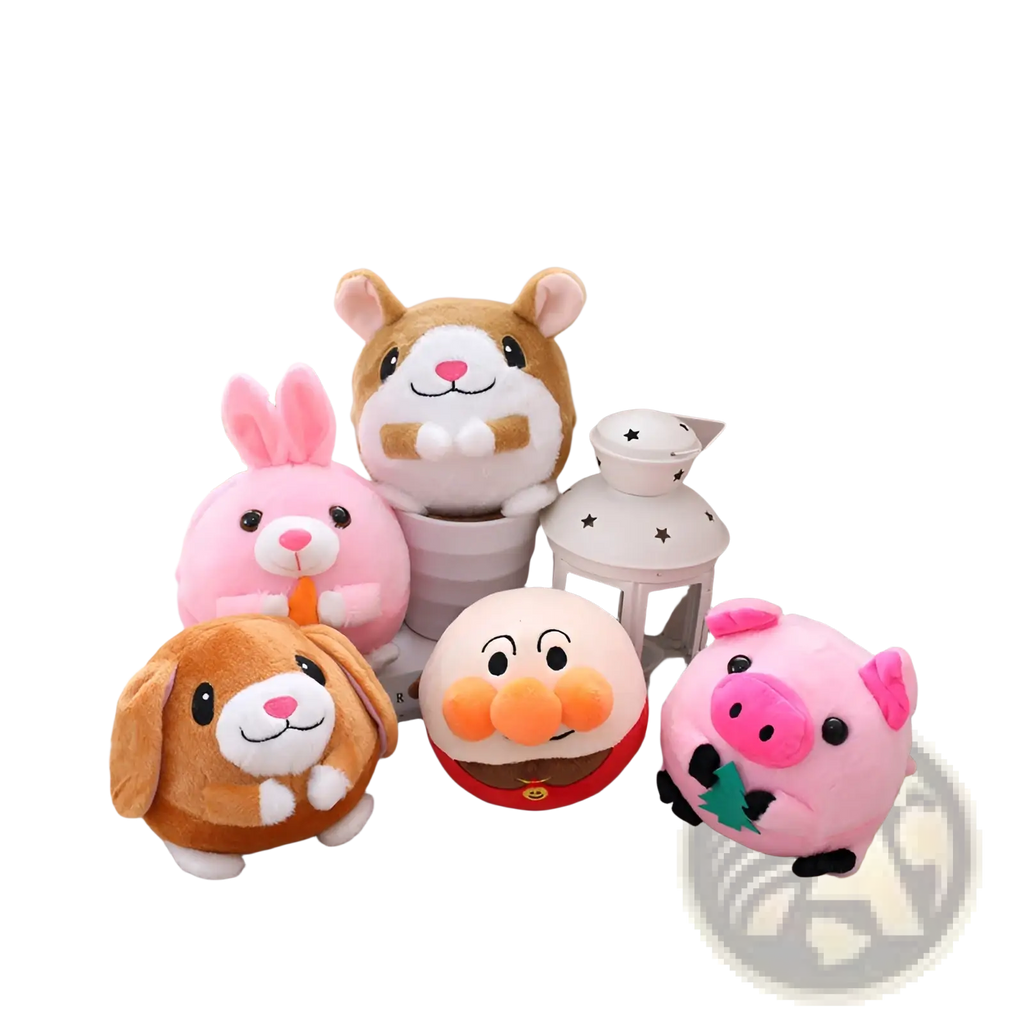 Collection of plush jumping ball interactive talking bunny toys featuring pink rabbit brown bunny hamster and pig
