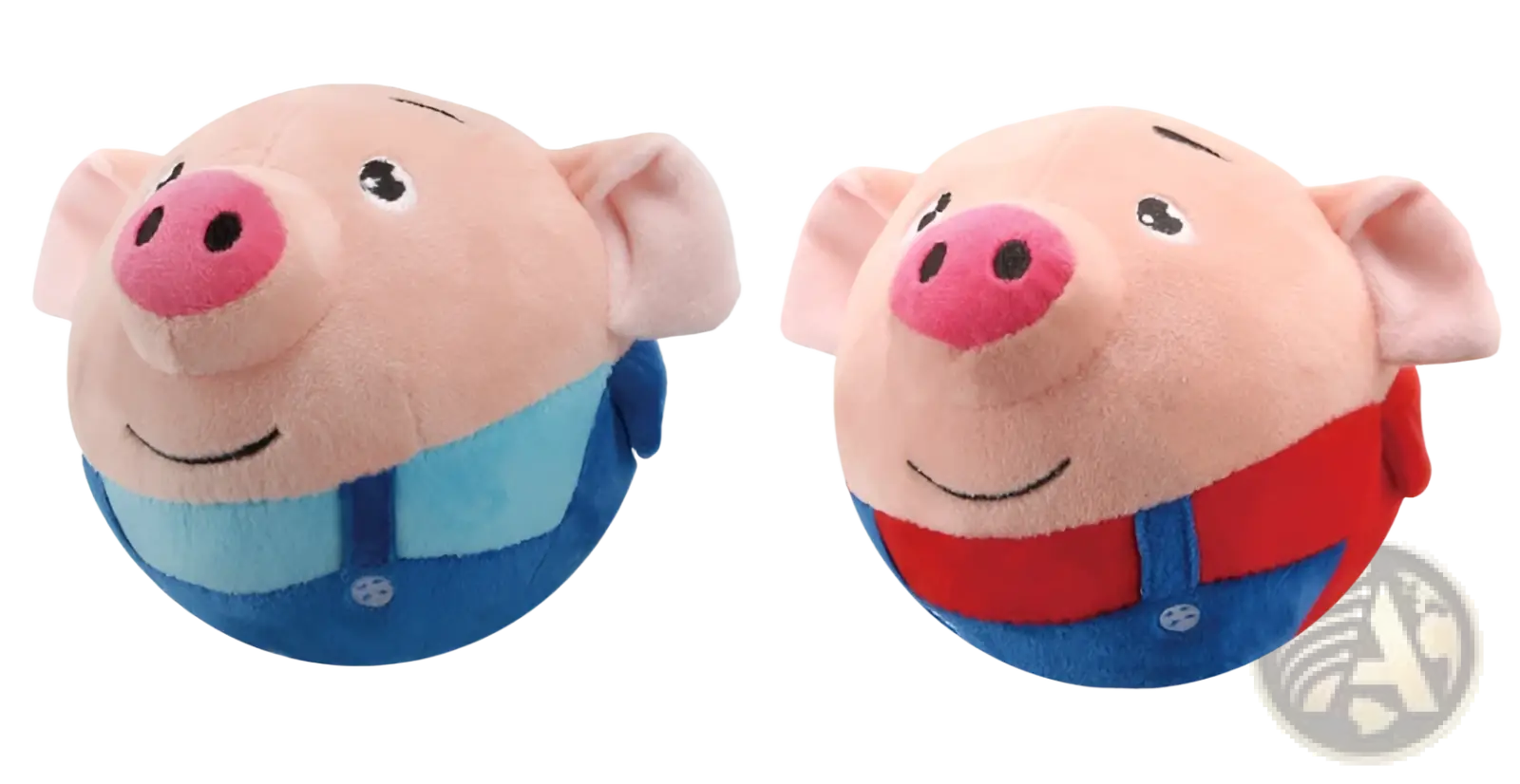 Plush jumping ball interactive talking bunny toy featuring a smiling piggy bank in blue overalls and red shirt variants