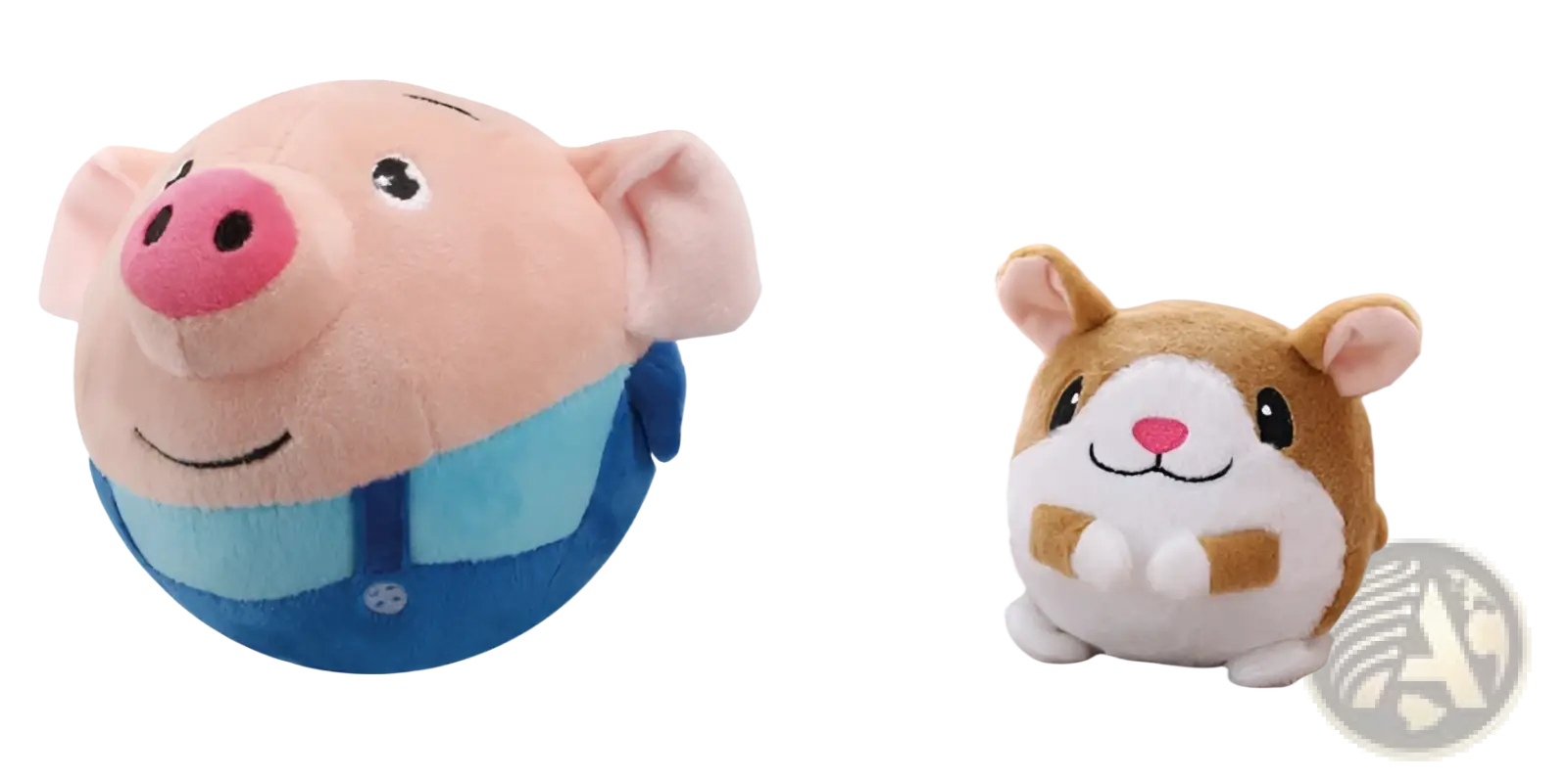Pink plush pig wearing blue overalls featured in a plush jumping ball interactive talking bunny toy product