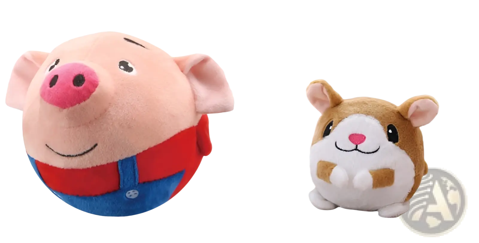 Pink plush pig wearing red shirt and blue overalls as part of a plush jumping ball interactive talking bunny toy