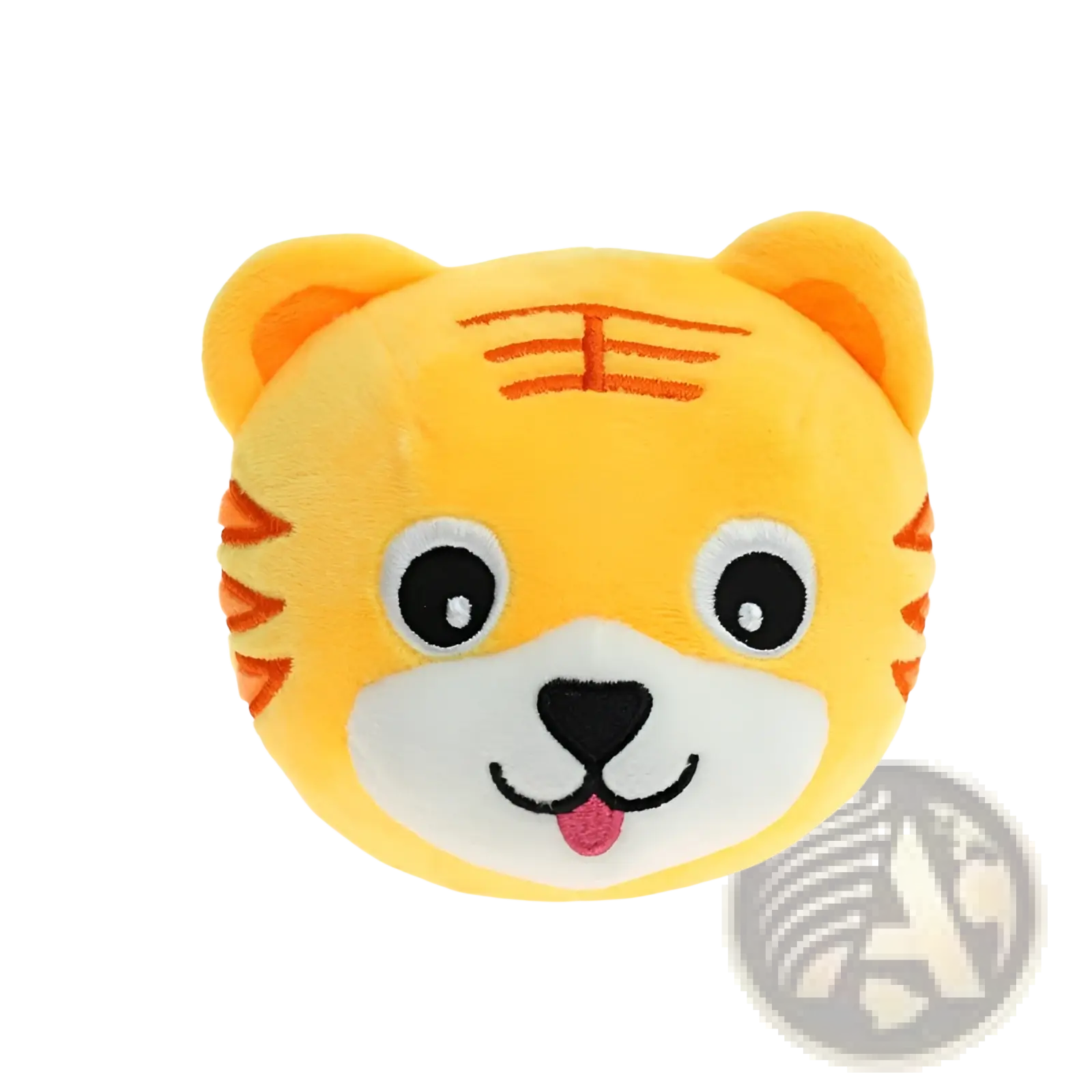 A plush yellow tiger head toy with orange stripes and interactive talking bunny design for playful jumping ball use