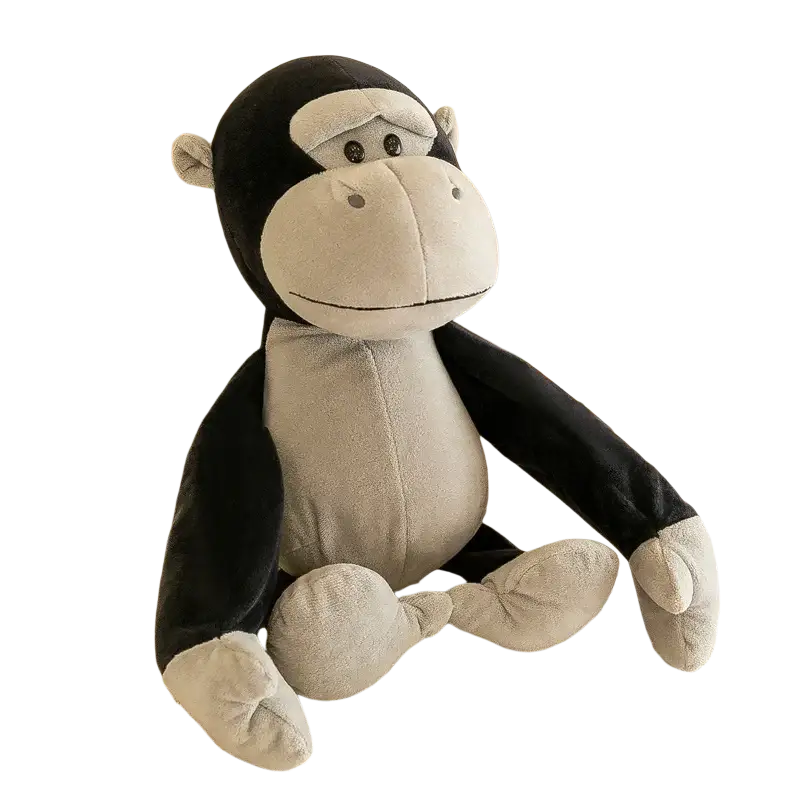 A plush jungle animal stuffed toy gorilla in black and gray made of soft velvety fabric