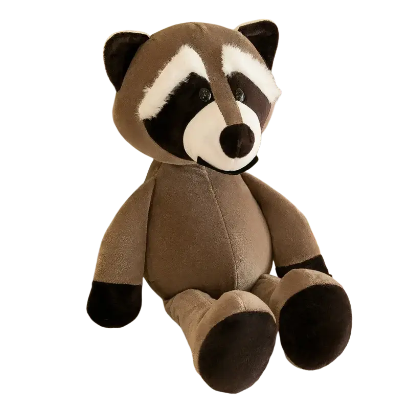 Plush jungle animal stuffed toy of a soft brown velour raccoon with black and white facial markings and a striped tail
