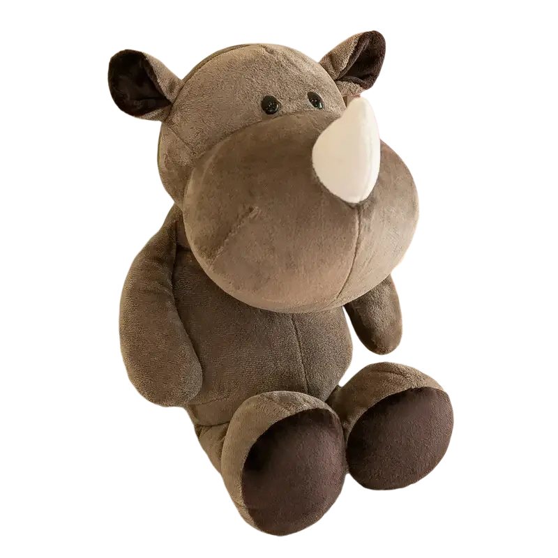 A plush brown rhinoceros stuffed toy with a white horn and soft fabric, perfect as a jungle animal doll