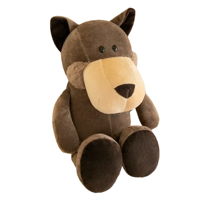 A plush jungle animal stuffed toy soft doll featuring a brown wolf design with tan snout and soft velour material