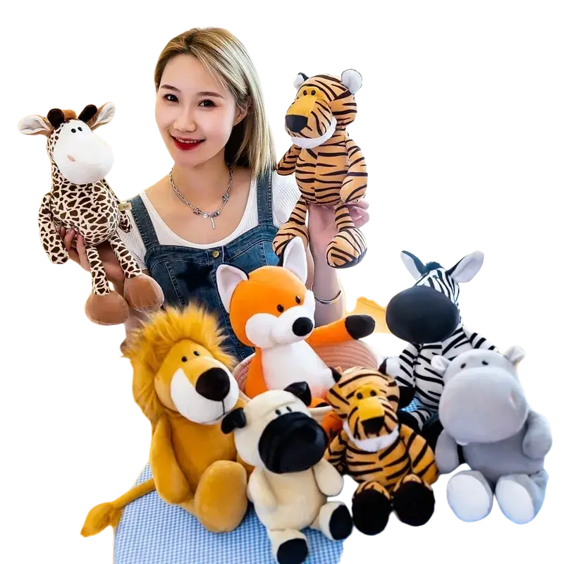 A collection of plush jungle animal stuffed toys featuring soft fabric giraffe tiger fox lion zebra and hippo dolls with embroidered faces