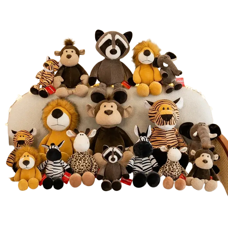 Plush jungle animal stuffed toys featuring soft brown, yellow, black, white, and tan lions, monkeys, raccoons, zebras, and elephants