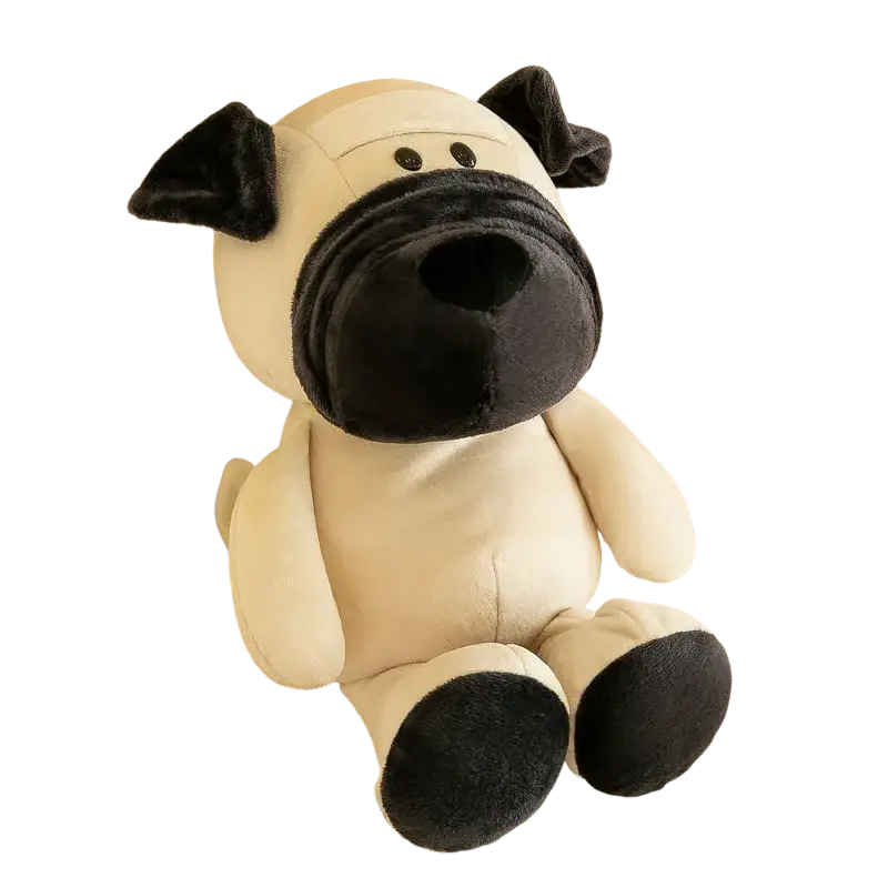 Cream-colored plush jungle animal stuffed toy pug with black ears nose and paw pads soft doll for cuddling