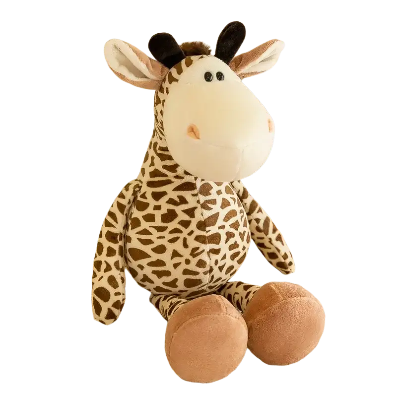 A plush jungle animal stuffed giraffe toy with a soft beige and brown spotted pattern, black ears, and tan feet