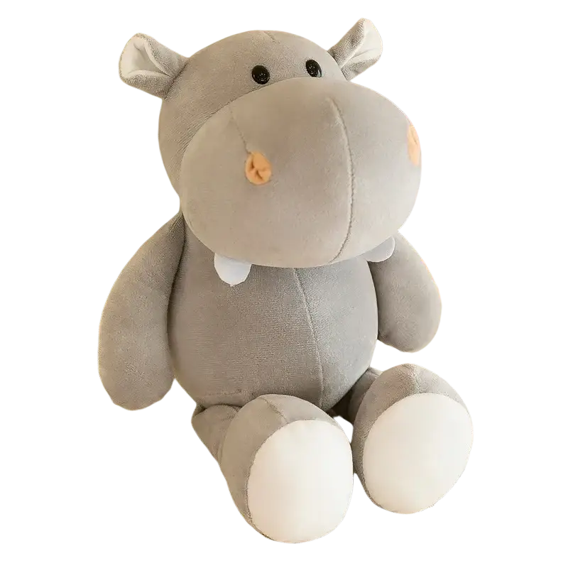 Soft gray plush hippo toy with white feet and orange button nose from plush jungle animal stuffed toys soft dolls collection
