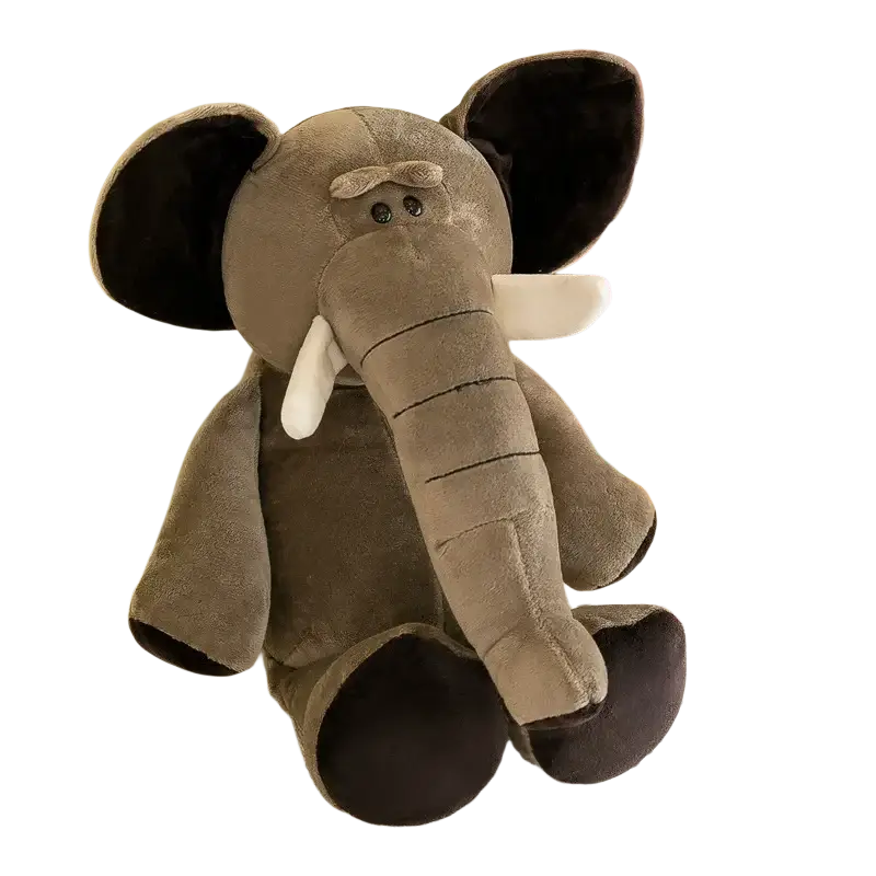 A plush gray elephant stuffed toy with black inner ears and feet and soft stitched details from plush jungle animal dolls