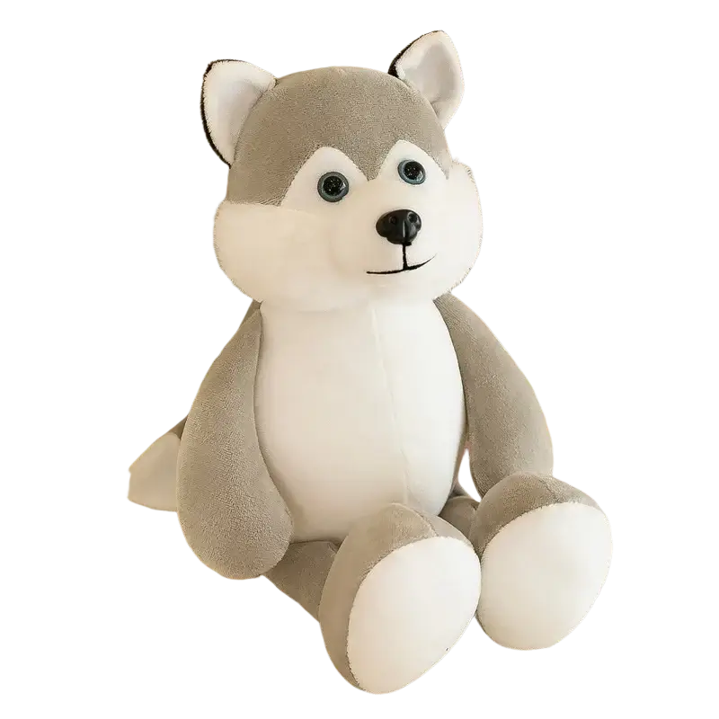 A soft plush husky stuffed animal with gray and white fur and black button eyes from plush jungle animal stuffed toys