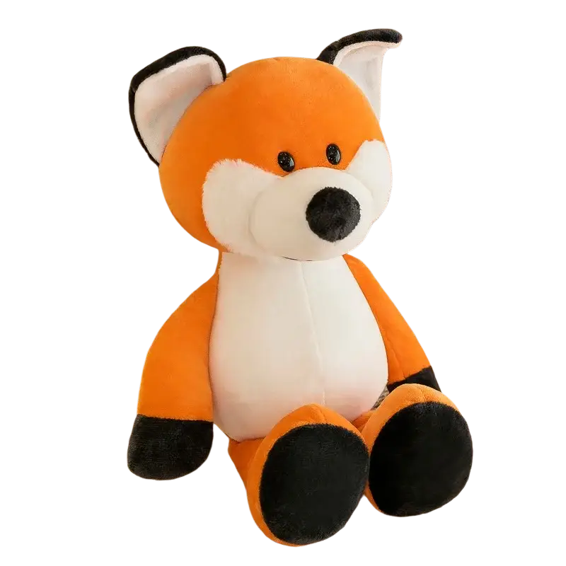 Plush jungle animal stuffed toy featuring a soft orange and white fox with black accents on ears paws and nose