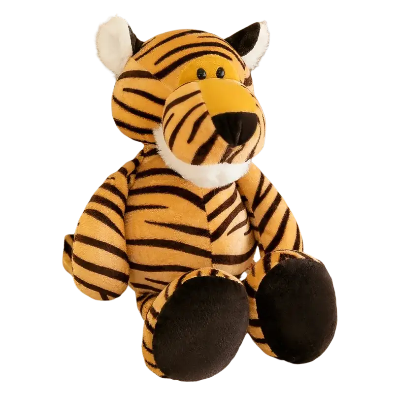 A plush jungle animal stuffed toy tiger with orange and black stripes and white fur sitting upright soft doll