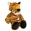 A plush jungle animal stuffed toy tiger with orange and black stripes and white fur sitting upright soft doll