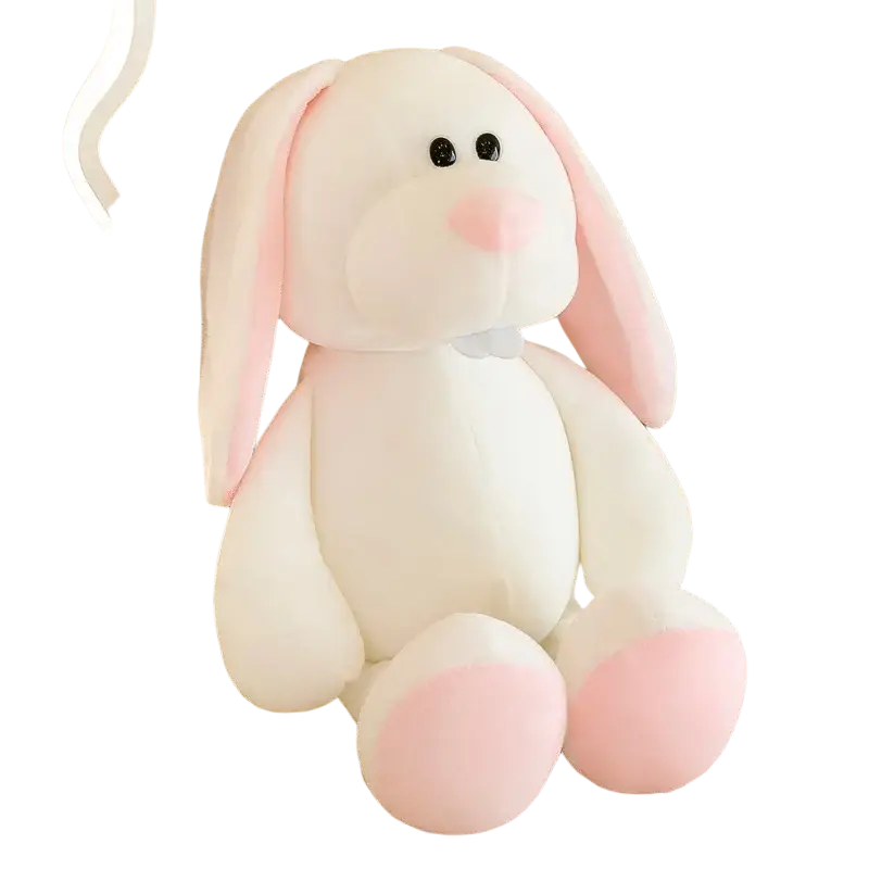 A soft white plush bunny with pink ears nose and feet sits on lace doily in plush jungle animal stuffed toys collection