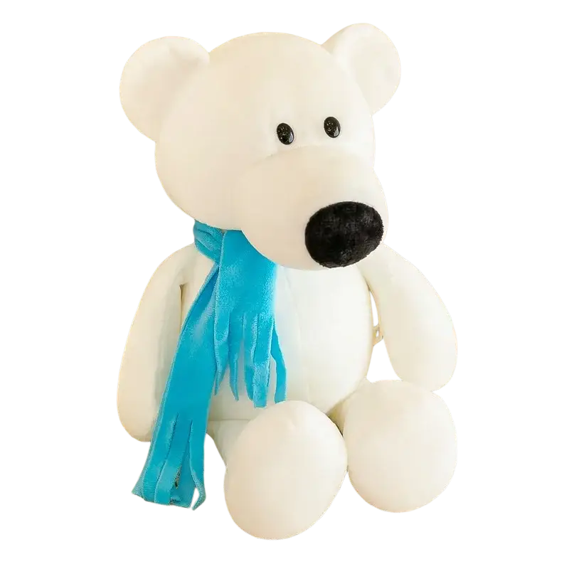 White plush polar bear stuffed toy with black button eyes and nose wearing a bright blue velvet scarf