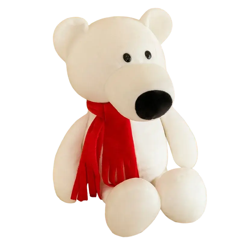 White plush polar bear stuffed toy with black button eyes and nose wearing a red velvet scarf soft jungle doll
