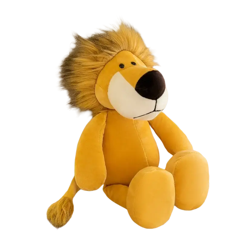 Plush jungle animal stuffed toy soft doll of a yellow lion with fluffy mane sitting on a lace surface