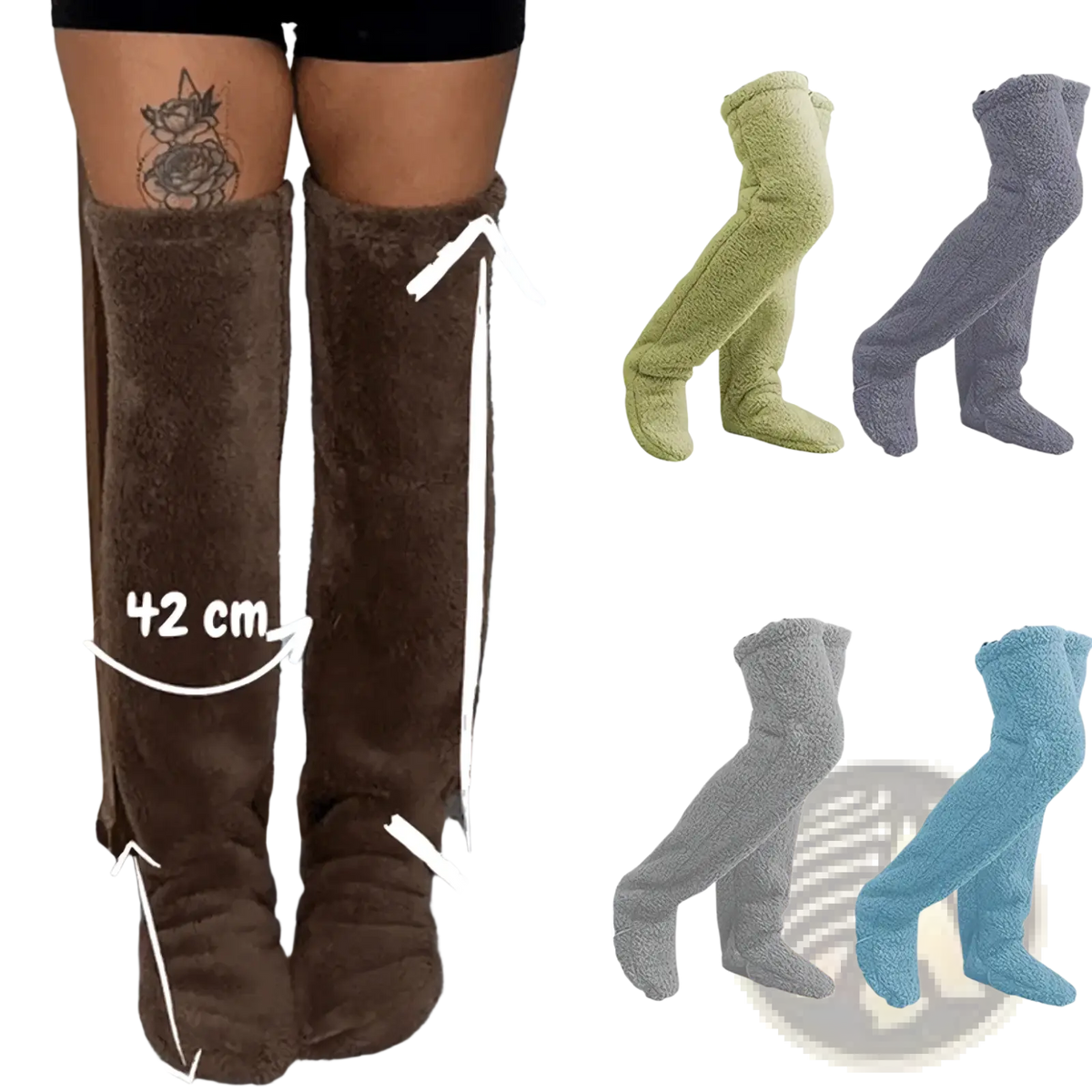 Brown plush over the knee cashmere leg warmers with soft fuzzy texture and elasticated cuffs