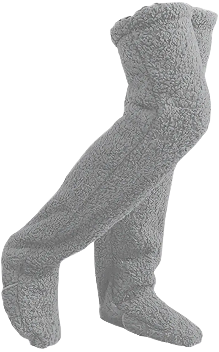 Gray plush fleece leg warmers made of cashmere with a fuzzy texture designed for knee high comfort and warmth