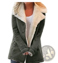 Olive green denim jacket with plush cream shearling collar and cuffs in plush lapel cotton coat for women