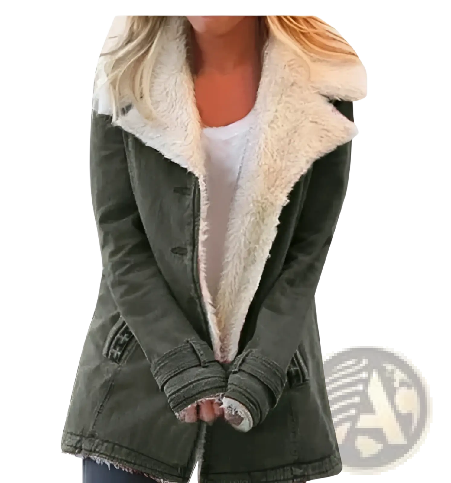 Olive green denim jacket with plush cream shearling collar and cuffs in plush lapel cotton coat for women