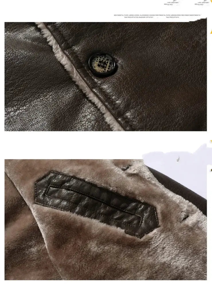 Men’s dark brown leather long coat with plush lighter shearling lapel and textured black button for warmth and style