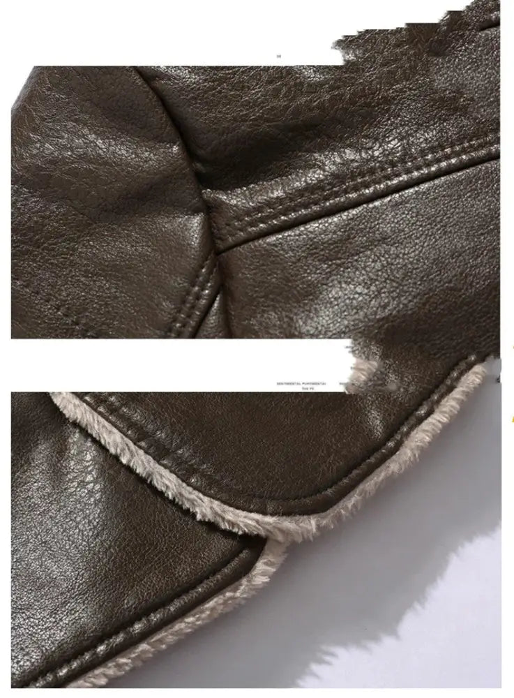 Dark brown leather aviator-style hat with soft light-colored fleece lining featured in men’s plush fleece lapel leather long coat