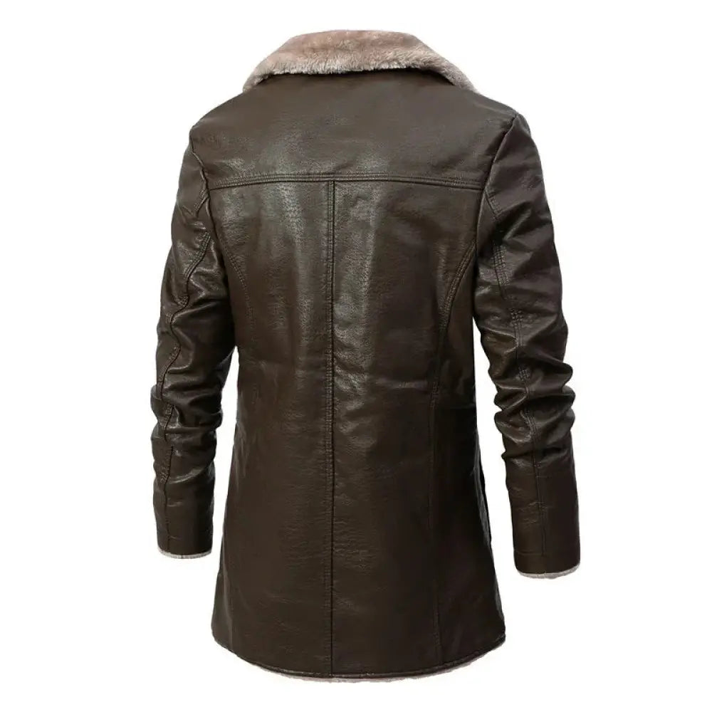 Men’s dark brown leather long coat with plush light-colored fleece lapel collar for stylish cold weather wear