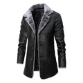 Men’s black faux leather long coat with plush gray fleece lapel collar and lining for warmth and style