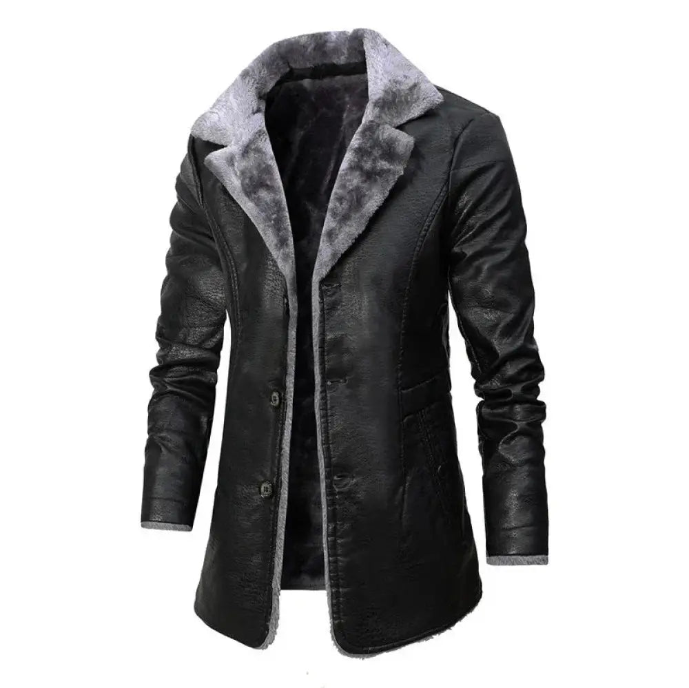 Men’s black faux leather long coat with plush gray fleece lapel collar and lining for warmth and style