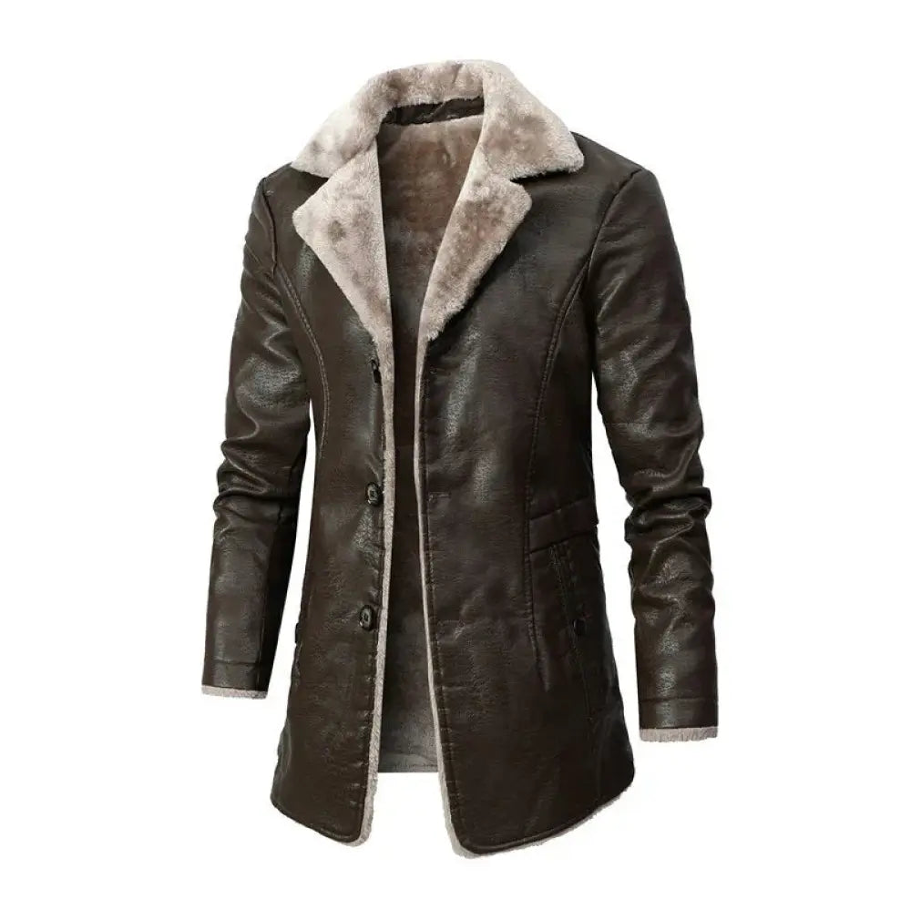 Men’s dark brown leather long coat with plush light gray shearling collar and lining for warmth and style