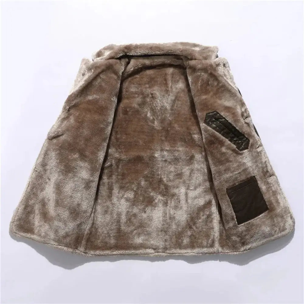 Men’s plush fleece lapel leather long coat in tan faux fur with dark brown leather pocket patches and a plush texture