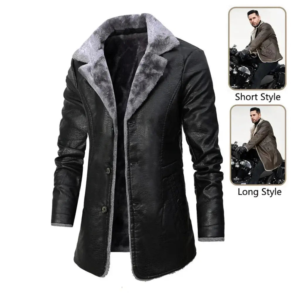 Men’s plush fleece lapel black faux leather long coat with a plush gray shearling collar and cuffs