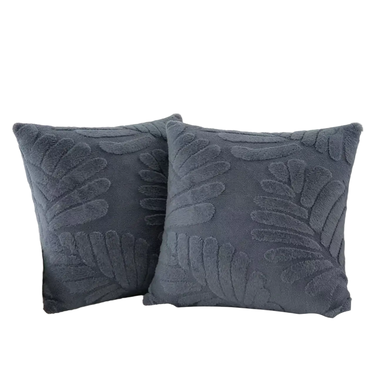 Dark gray plush throw pillow covers with raised leaf embroidery providing soft textured decor accents