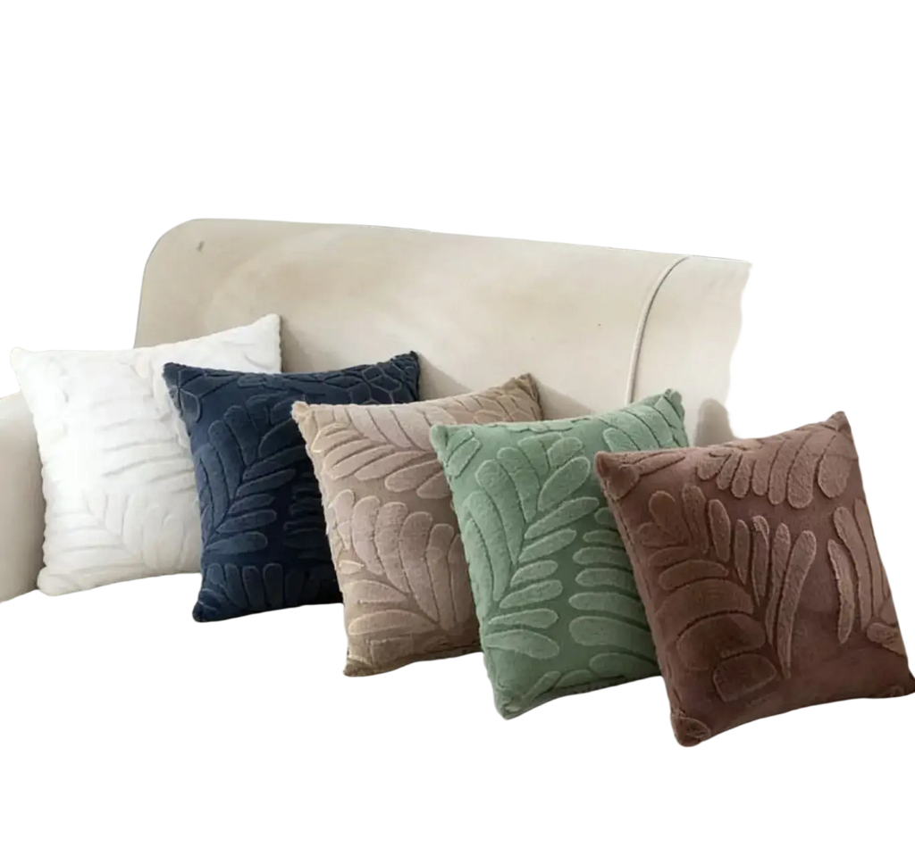 Set of five square velvet throw pillow covers in white navy beige mint green and brown with raised leaf embroidery