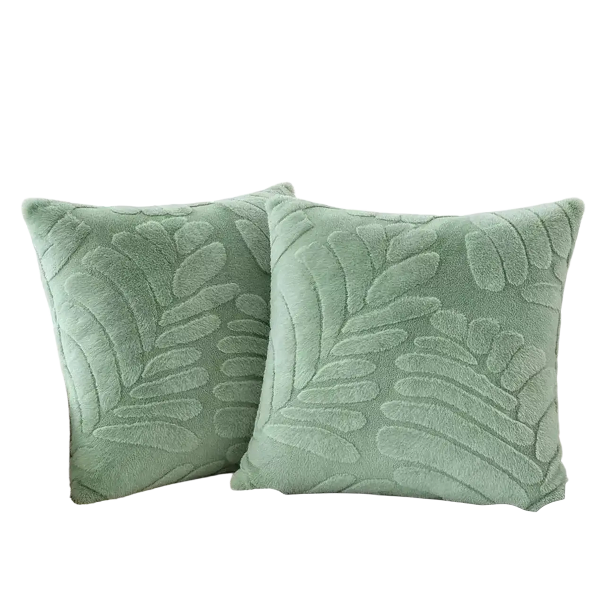 Soft mint green plush throw pillow covers with raised leaf embroidery for decorative home use