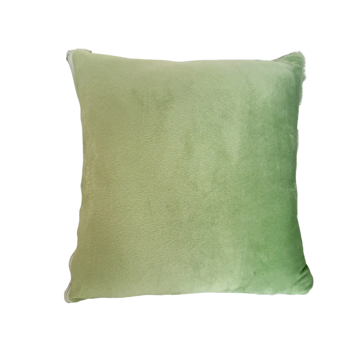 A soft sage green velvet plush leaf embroidered throw pillow cover with slightly frayed edges and square shape